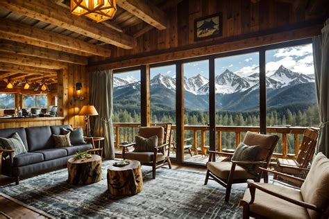 Ski chalet-style (hotel lobby interior) with plant and lounge chairs ...