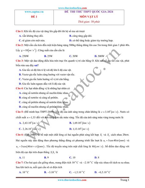 Tuyển chọn 10 đề thi thử THPT QG 2024 môn Lý có đáp án Tập 1 Kho