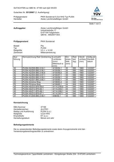 GUTACHTEN Zur ABE Nr 47190 Nach 22 Stvzo Alutec