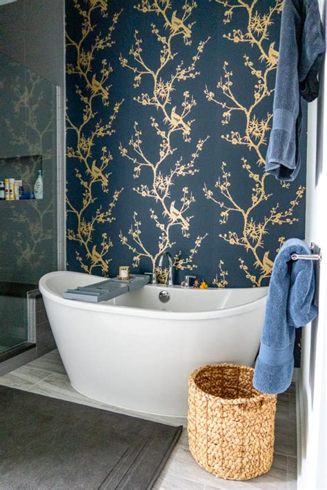 Modern Primary Bathroom Design with Bold Wallpaper