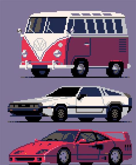 Pixel Cars Vw Bus Delorean And Ferrari F40 Pixel Art Design Pixel