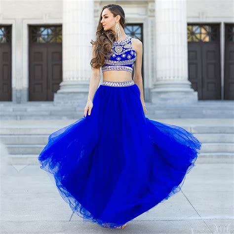 Two 2 Piece Prom Dresses 2017 Sexy Luxury Crystal Royal Blue Tulle Long