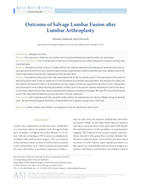 Pdf Asian Spine Journal Asian Spine Journal 13 Outcome Of Salvage Lumbar Fusion After Lumbar