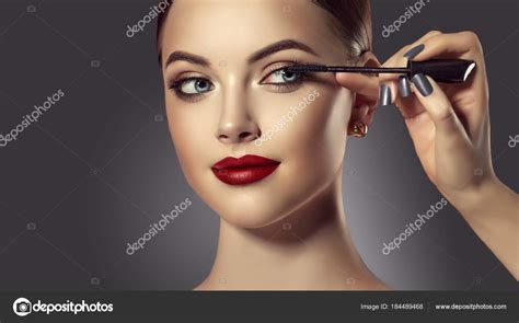 Makeup Artist Applies Mascara Eyelashes Model Girl Beautiful Woman Face