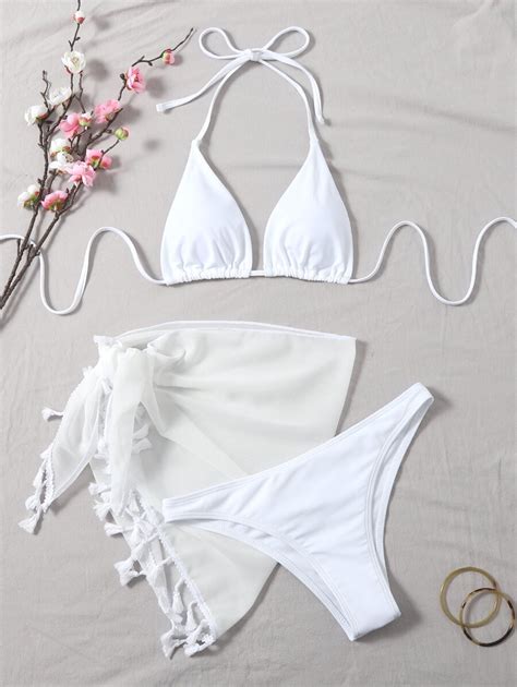 Solid Bikini Set Micro Triangle Bra Bikini Bottom Tassel Trim Beach