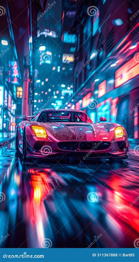 Futuristic Supercar With Glowing Neon Lights Speeding On A Digital