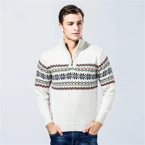 Mens Casual Sweaters Winter And Autumn Warm Mandarin Collar Knitted Sweaters Snowflake Pattern