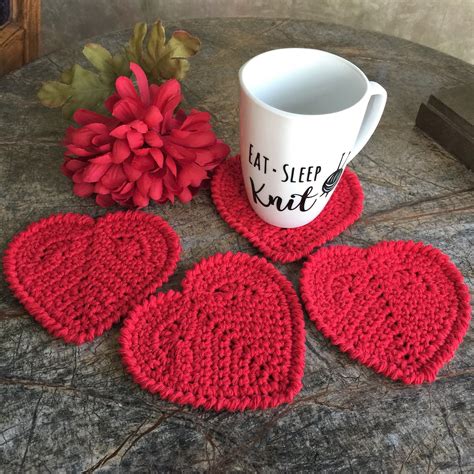 Heart Coasters Set Of 4 Crochet Heart Coaster Cotton Etsy Crochet