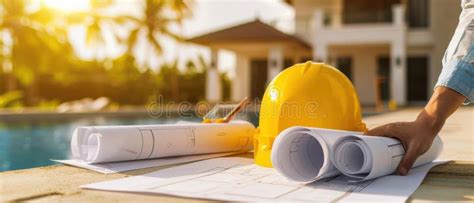 Construction Site Setup By A Pool With A Yellow Hard Hat And Rolled