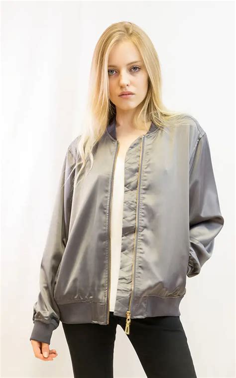 Oversized Satin Bomber Jacket With Zip In Grey Cy Boutique Silkfred Us