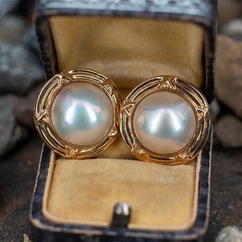 Large Vintage Mabe Pearl Stud Earrings 14K Yellow Gold