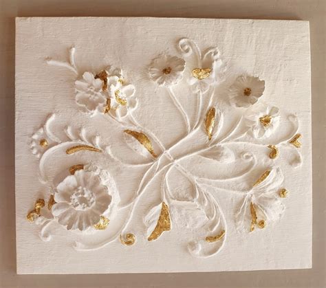 Plaster Wall Art Gold Leaf Artwork Relief Plaster Relief White Etsy