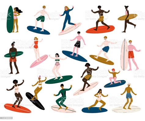 Man And Woman Surfer With Surfboard Riding On Moving Wave Big Vector