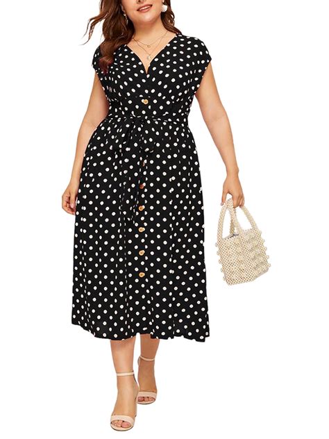 Lapa Womens Plus Size Polka Dot Print Sleeveless Button Midi Dress