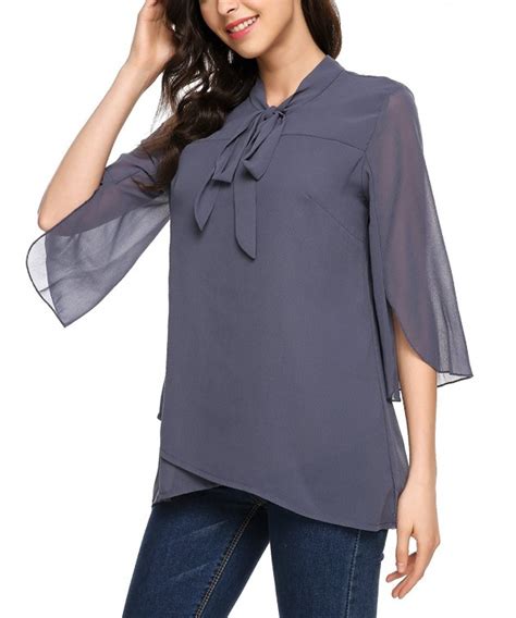 Women Bow Tie V Neck Flare Sleeve Asymmetrical Hem Chiffon Blouse Shirt