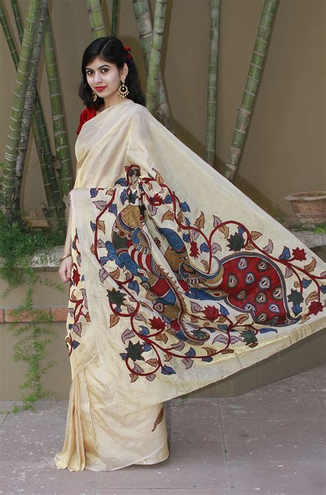 Tissue Uppada Saree With Kalamkari Applique Stylish Sarees Kalamkari