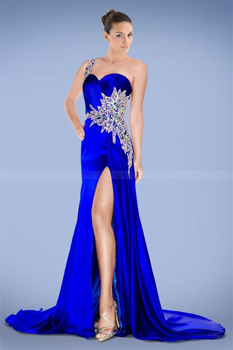 Compelling One Shoulder Royal Blue Prom Dress With Crystals And Split