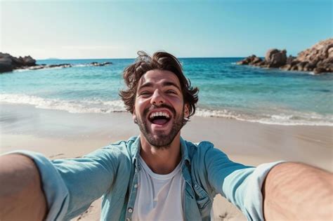 Premium Photo Excited Handsome Man Taking Selfie In The Beach