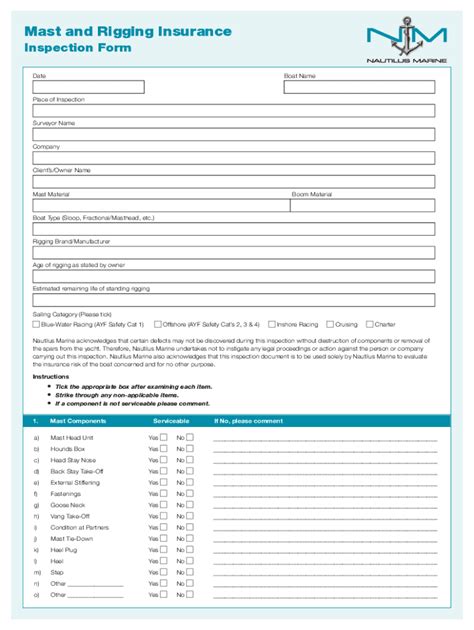 Fillable Online Mast And Rigging Insurance Inspection Form Nautilus Marine Fax Email Print