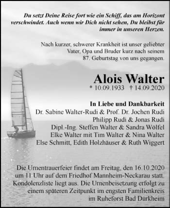 Traueranzeigen Von Alois Walter Trauerportal Ihrer Tageszeitung