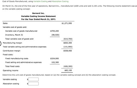 Solved Cost Of Goods Manufactured Using Variable Costing