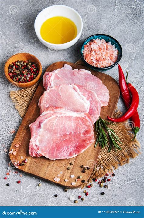 Fresh Raw Pork Chops With Spices And Herbs Stock Image Image Of