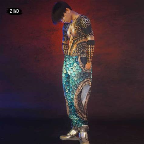 Tattoo Muscle Man Nude Print Jumpsuit Bodysuit Male Gogo Ds Sexy Club Outfits Catwalk Skinny