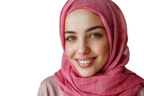 Happy Muslim Woman In Pink Hijab Cheerfully Smiles At Camera Posing