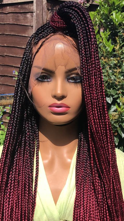 Full Lace Braided Wig Braids Wig Lace Wig Black Burgundy Ombre Etsy