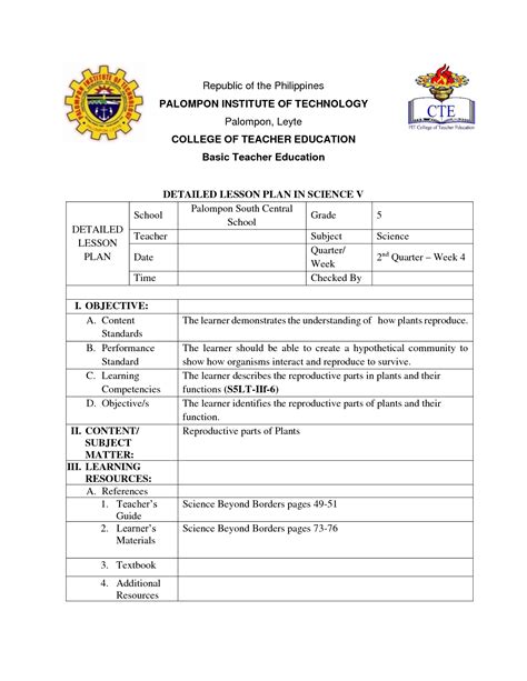 Solution Detailed Lesson Plan Science 5 The Learner Describes The Reproductive Parts In Plants