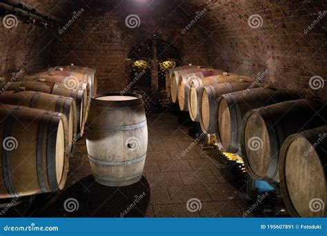 Wine In Wooden Barrels Is Stored Wine Cellar Stock Image Image Of