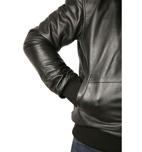 Mens Plain Style Zip Through Collar Black Leather Bomber Jacket From