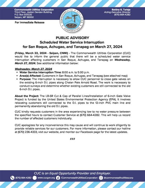 2024 March 22 Public Advisory Re Scheduled Water Service Interruption