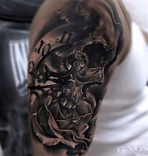 Skull With Rose And Clock Sleeve Tattoo Ideas Skull Rose Tattoos Rose