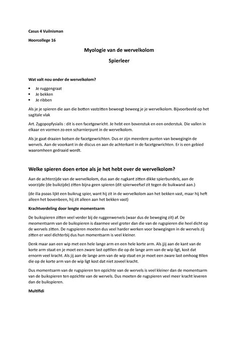 Hoorcollege Myologie Van De Wervelkolom Fysiologie Avans