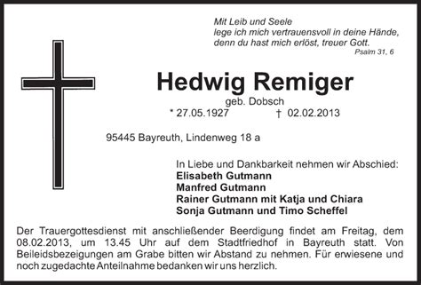 Traueranzeigen Von Hedwig Remiger Nordbayerischer Kurier