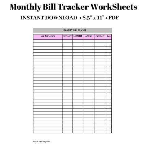 Monthly Bill Tracker Worksheet Payment Tracker Pdf Budget Insert Worksheets Library