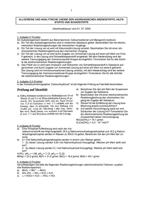 Probeklausur Allgemeine Und Analytische Chemie Der