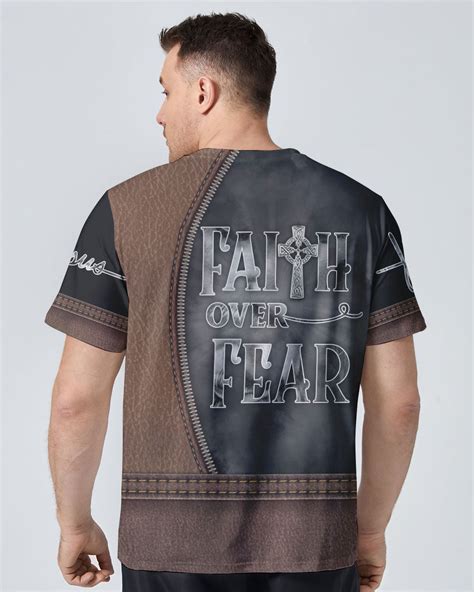 Faith Over Fear Jesus Cross Leather Mens Christian Tshirt Faith Hope