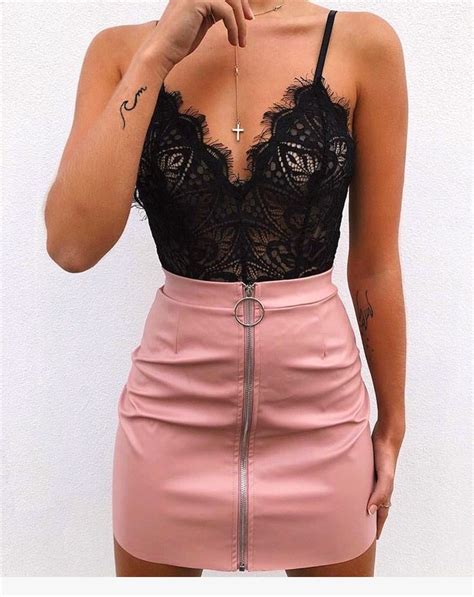 Falda Cuero Rosa Sexy Body De Encaje Ropa Para Salir A Bailar Ropa Para Antro Y Ropa Tumblr