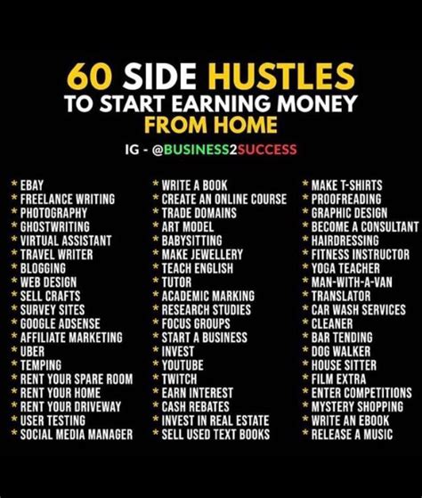 A Poster With The Words 60 Side Hustles To Start Earning Money From Home