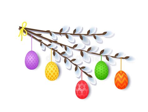 Bright Easter Colored Eggs Hang On A Pussy Willow Branch Congratulatory Easter Element With
