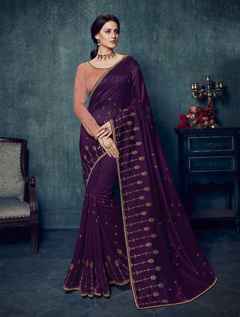 Latest Vichitra Silk Wine Thread Zari Embroidery Saree With