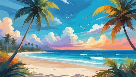 Una Pintura De Una Playa Con Palmeras Y El Sol En El Fondo Vector