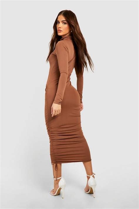 Dresses Premium Matte Slinky High Neck Ruched Midaxi Dress Boohoo