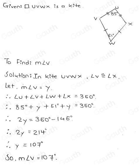 Solved Quadrilateral Uvwx Is A Kite What Is M V M V Geometry