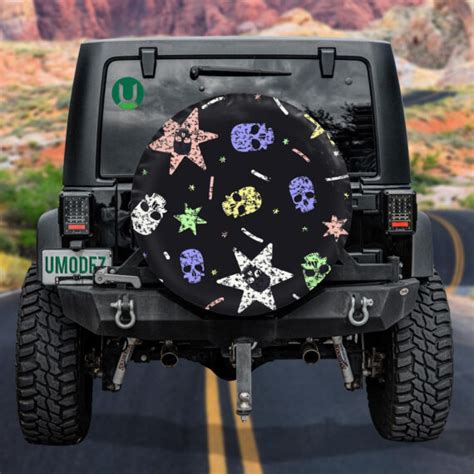 Colorful Human Skull With Start On Black Background Spare Tire Cover Jeep Tire Covers