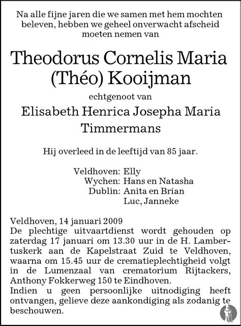 Theodorus Cornelis Maria Th O Kooijman Overlijdensbericht