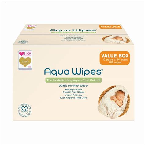 Aqua Wipes 100 Biodegradable Baby Wipes Jumbo Pack 12 X 64 Per Pack