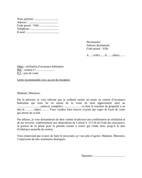 Mod Le Lettre De R Siliation D Une Assurance Habitation Pour Vente Dun